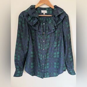 J. Crew Collection Silk Navy and Green Ruffle Collar Button-Down Shirt